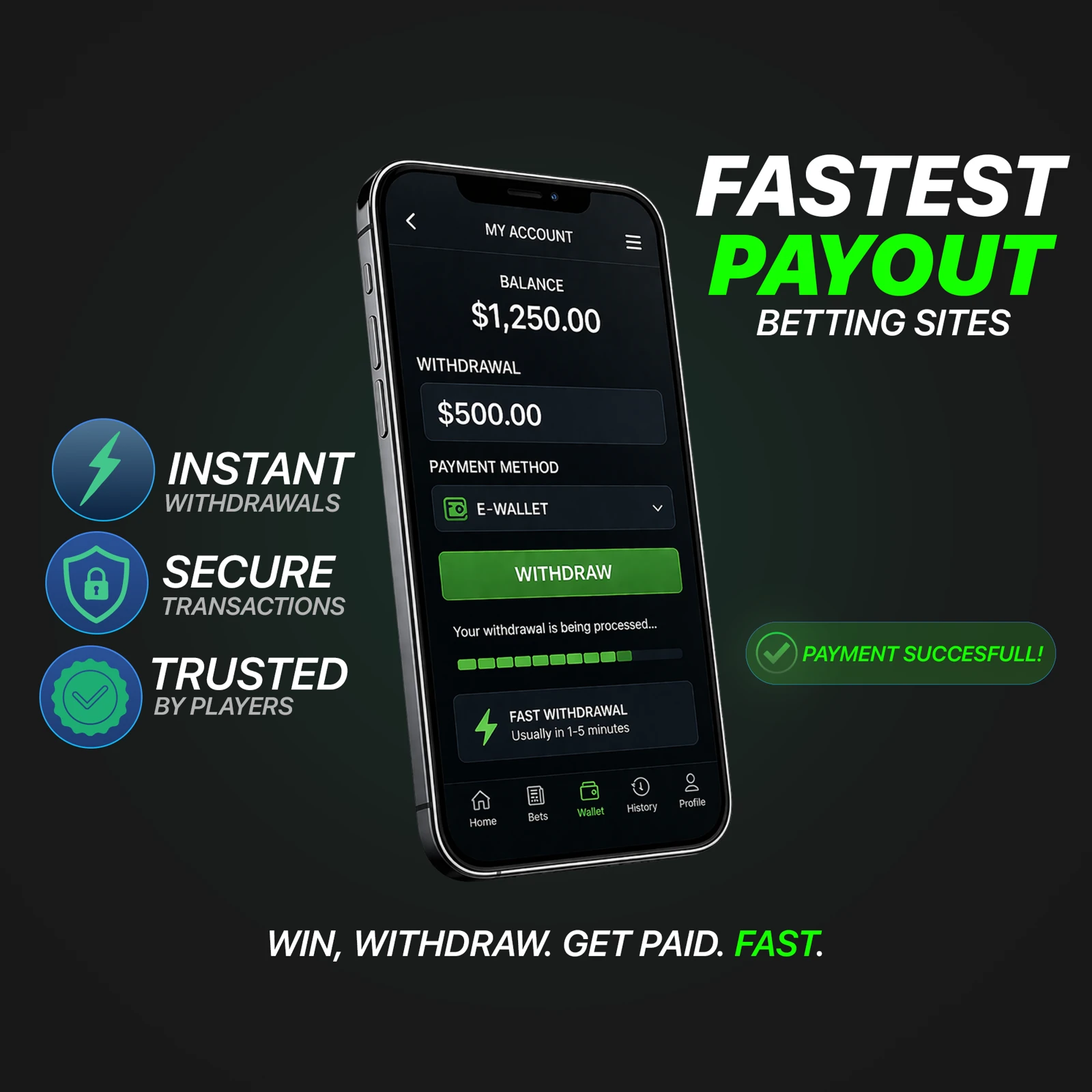 Dark promotional graphic combining a phone mockup, green accents and typography.