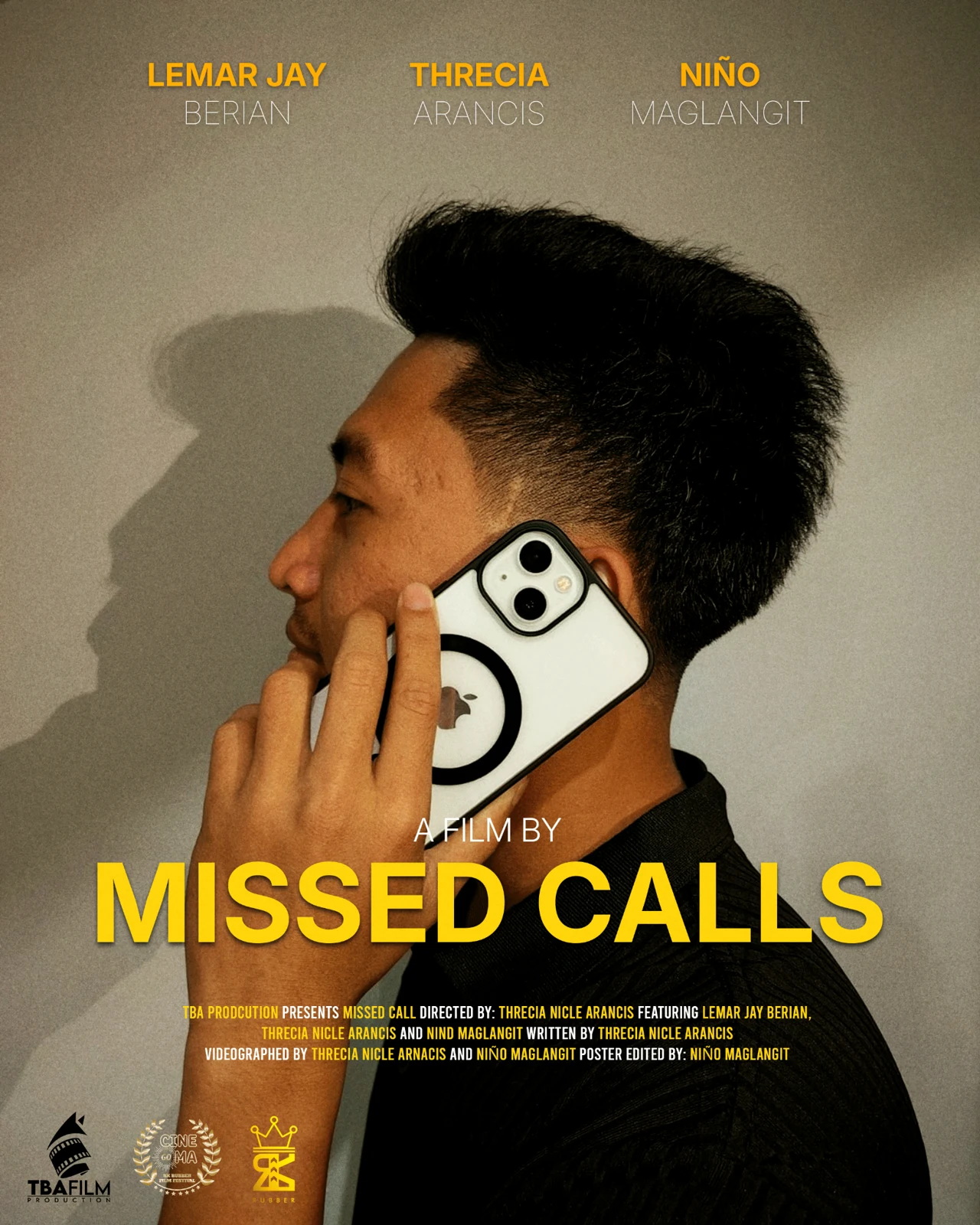 Side-profile portrait holding a phone with yellow film title typography.