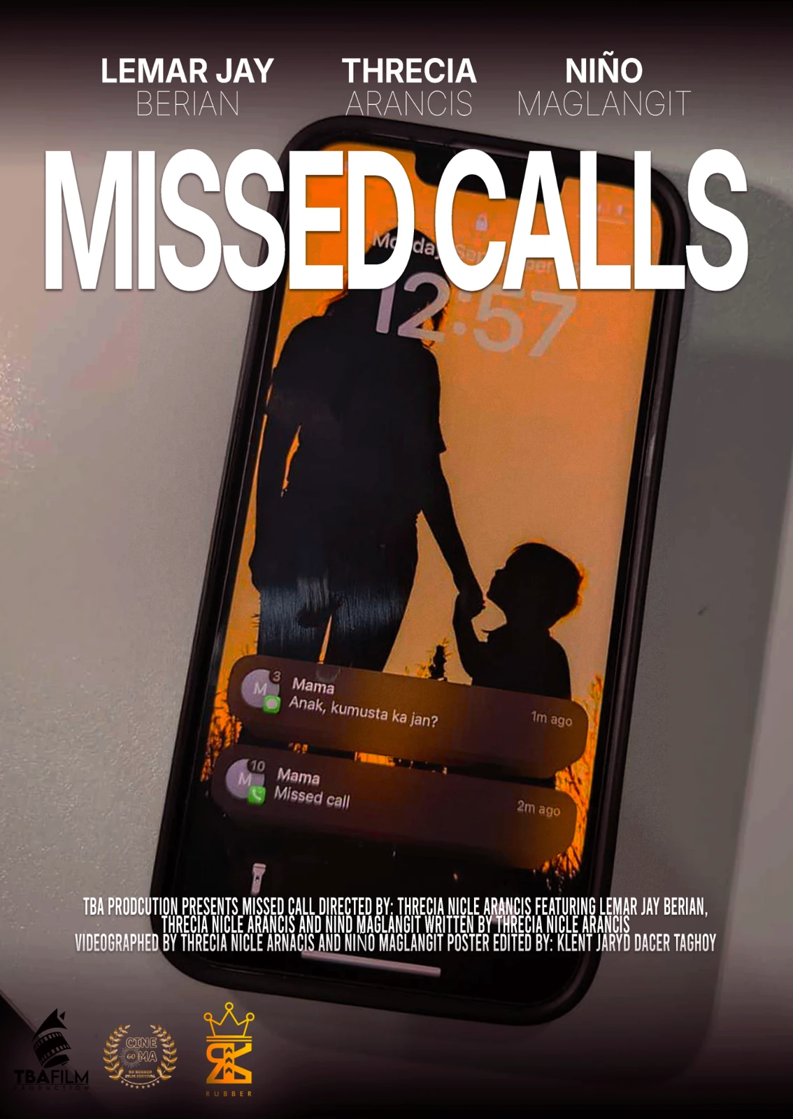 Film poster with a phone silhouette, dramatic lighting and white typography.